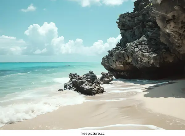 Tropical Beach With Waves and Rocks