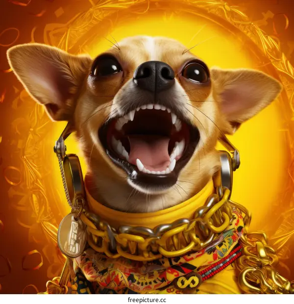 A Chihuahua dog wearing a gold chain and headphones is standing in front of a golden background with a surprised expression on its face