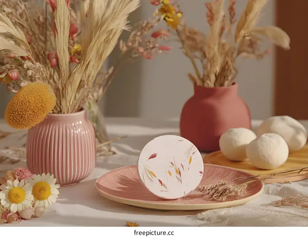 Pink Vase With Dried Flowers And Coaster
