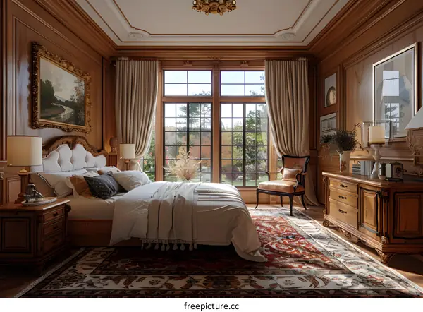 Ornate wooden furnished bedroom with large windows