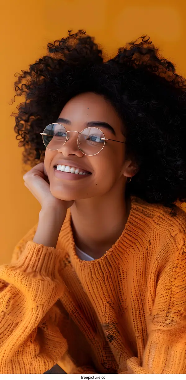 Young Woman with Curly Hair Smiling in Orange Sweater