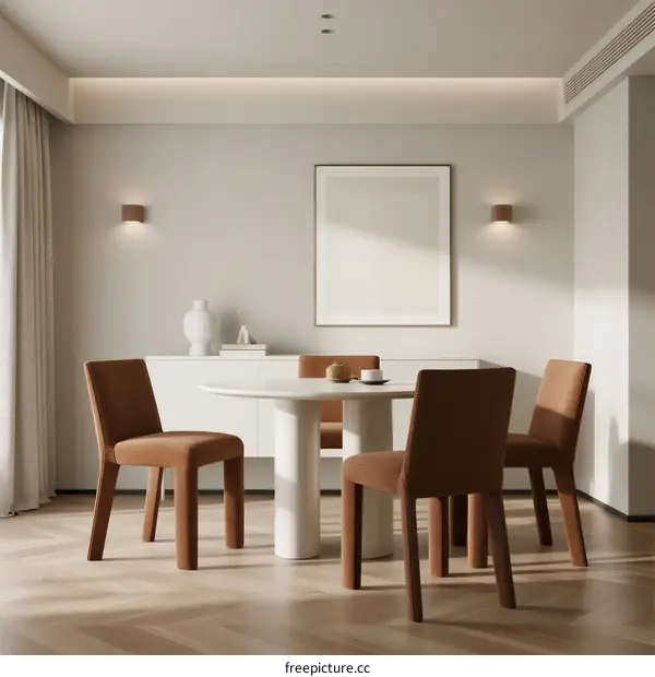 Minimalist Dining Room with White Table and Brown Chairs