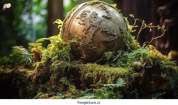 A globe covered with moss sits on a bed of moss in a lush forest