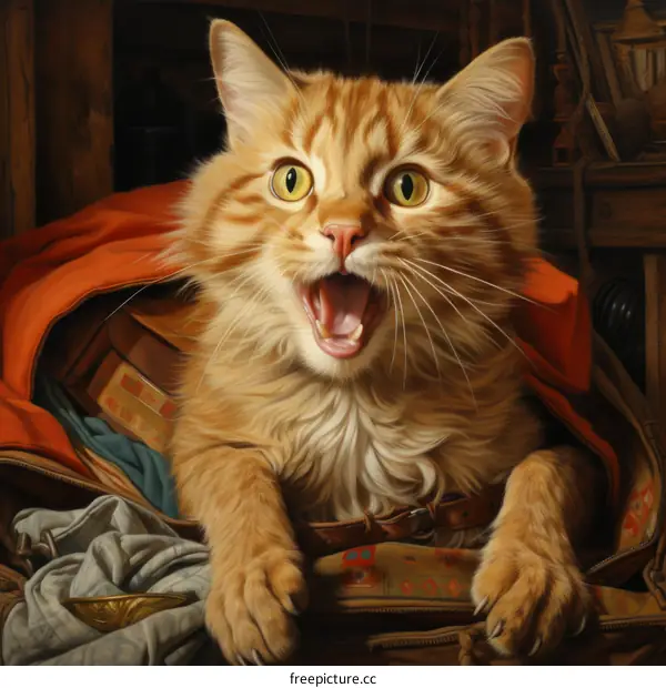 Ginger Cat in Leather Bag with Wide Open Mouth