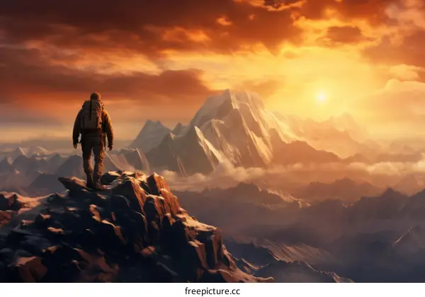 Man on Top of a Mountain Gazing at the Sunset