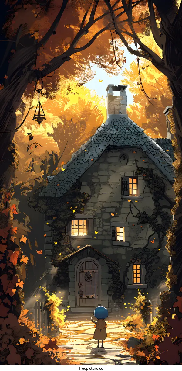 girl standing in front of a cottage in the woods