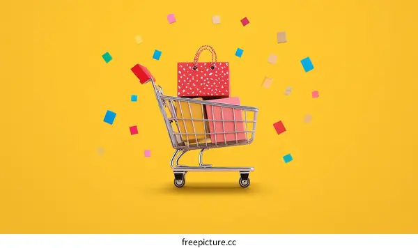 Shopping Cart with Colorful Gifts and Confetti