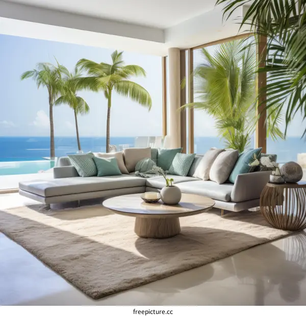 Modern luxury villa living room with stunning ocean views