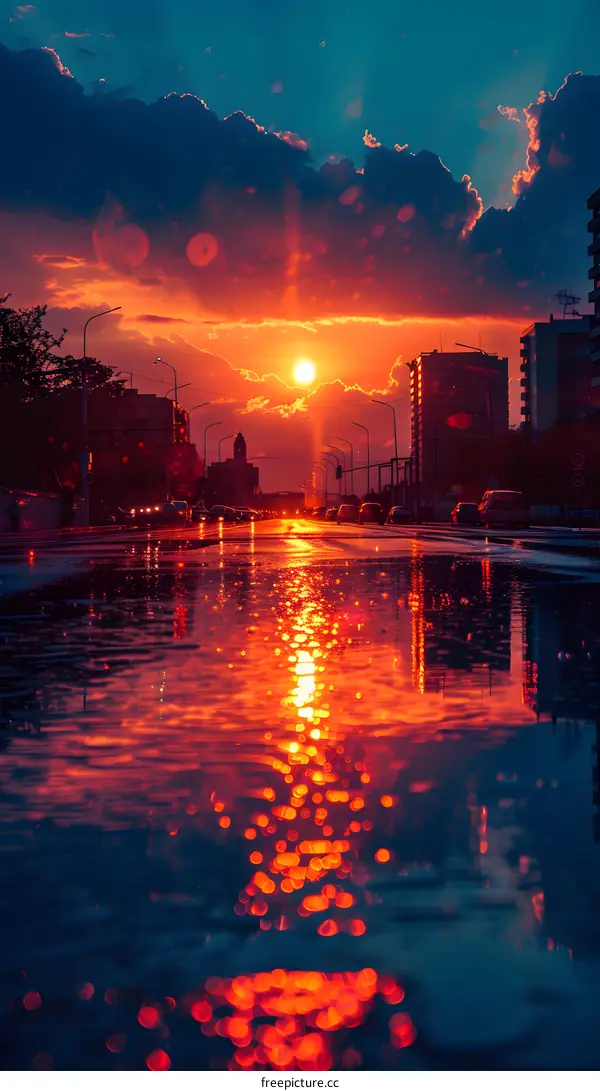 City street with cars driving through a puddle reflecting the orange sunset sky