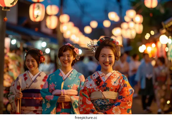 Three Japanese women wearing traditional kimono at a festival
