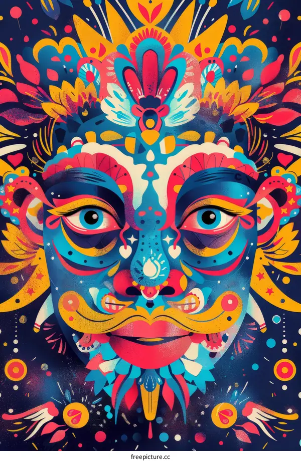 Vibrant and colorful illustration of a person's face with intricate patterns and bright colors