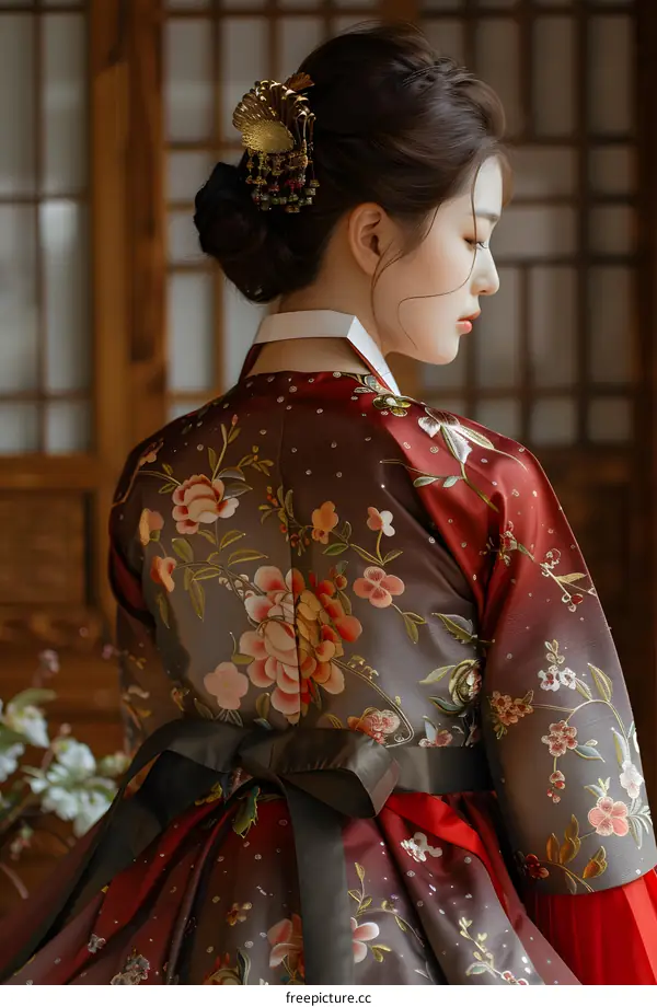 A woman wearing a red embroidered hanfu