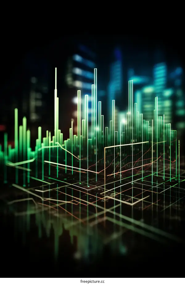 Abstract 3D rendering of a city at night with glowing lines representing data and information