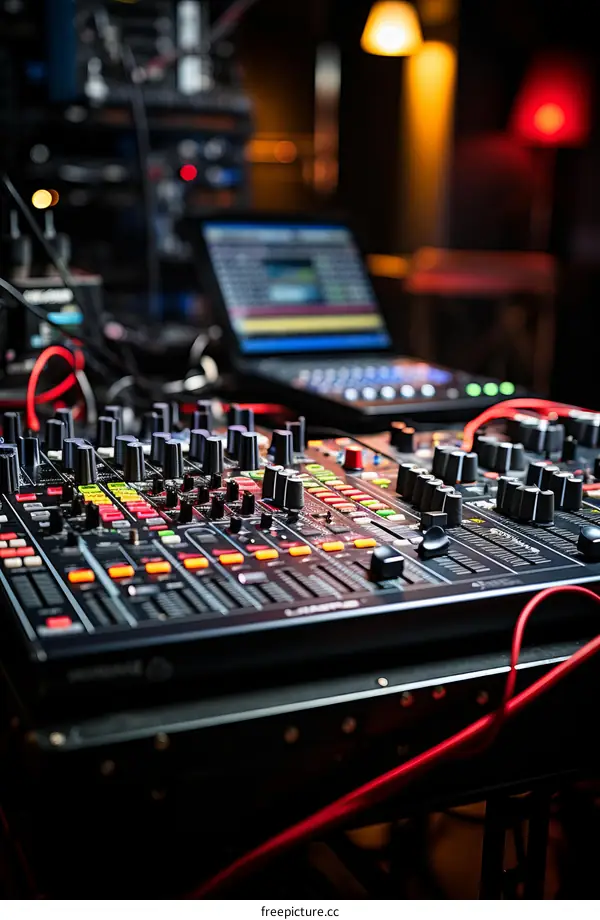 Professional Audio Mixing Console with Laptop and Studio Equipment