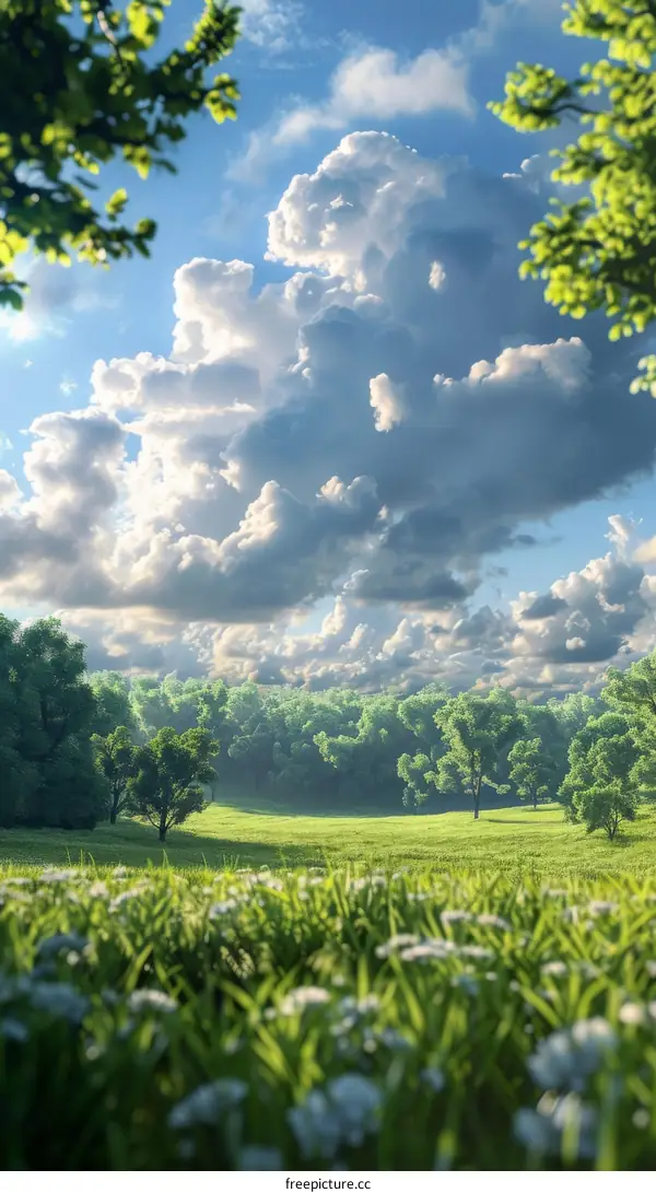 Rolling Green Hills and Blue Sky with White Clouds