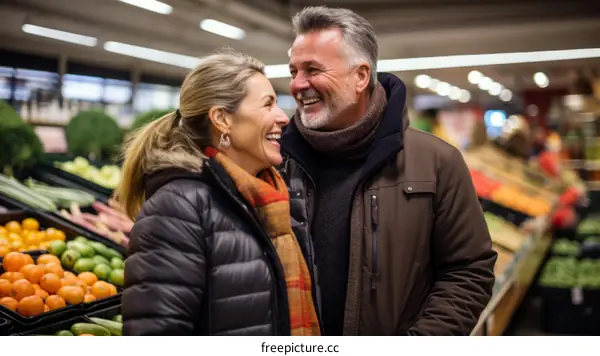 Happy couple shopping for groceries in a supermarket