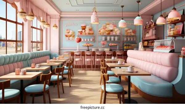 Retro Pink & Blue Diner with Large Windows