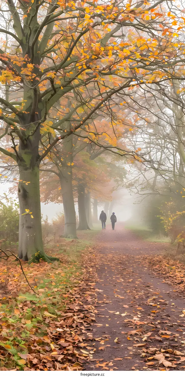 Couple Walking Through Foggy Autumn Forest Path