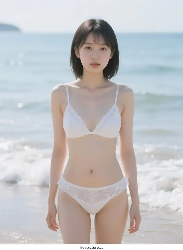 Young woman in white lingerie standing on beach by the sea