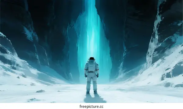 Astronaut Exploring Icy Alien Cave with Glowing Blue Light
