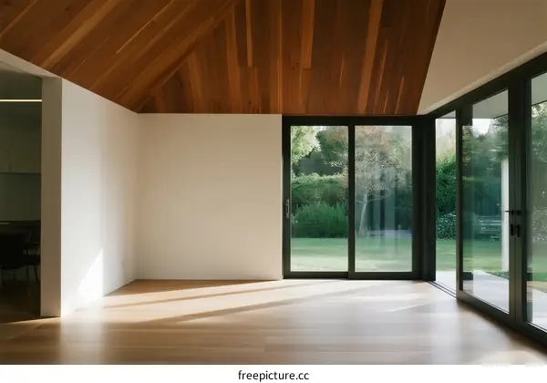 Modern room with wooden ceiling and large glass doors leading to garden