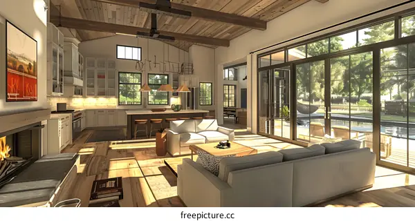 Modern Farmhouse Interior Design with Open Floor Plan and Pool View