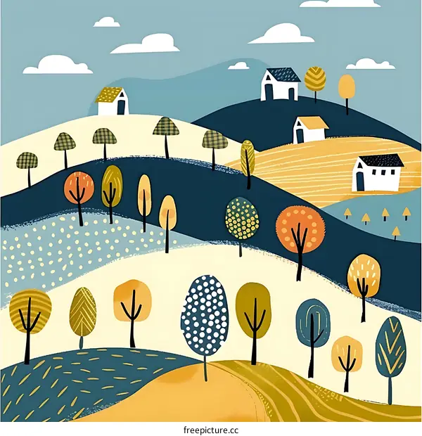 Abstract Illustration of a Landscape with Rolling Hills and Trees