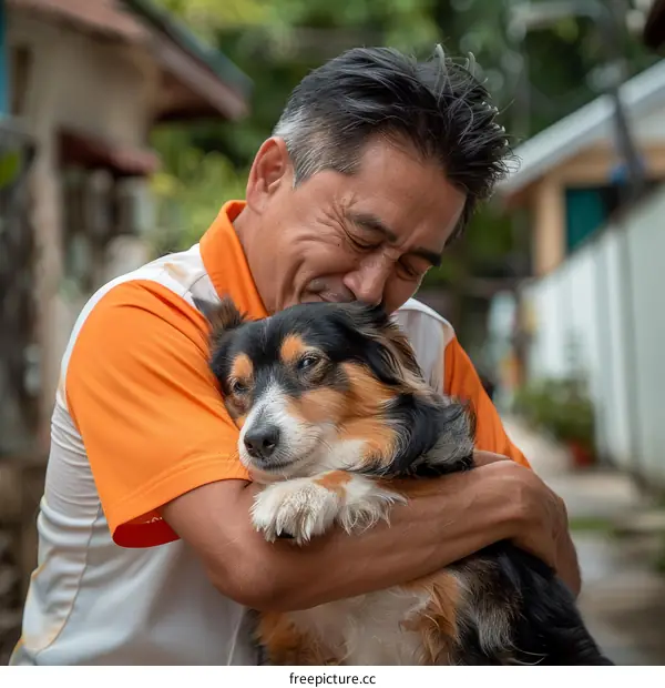 A man hugging a dog
