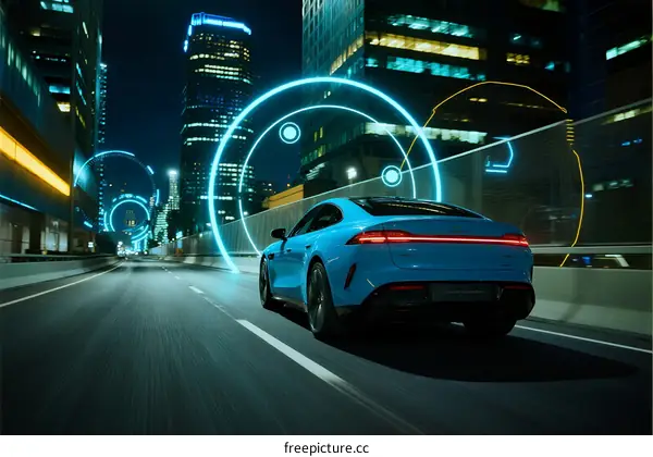 Autonomous Electric Vehicle Navigating Modern Urban Night Scene