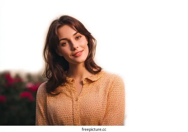A young woman in a patterned shirt standing outdoors