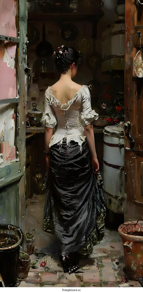 An Elegant Lady in a 19th Century Kitchen