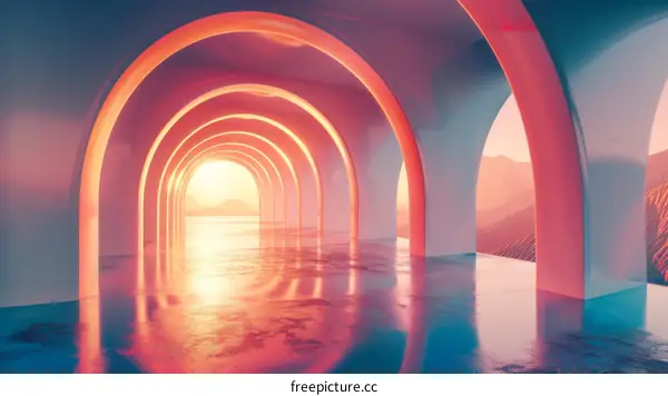 Futuristic Tunnel with Arches and Sunset