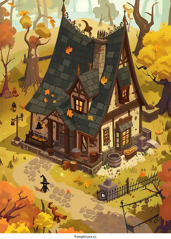 Autumn Cottage With Witch and Deer