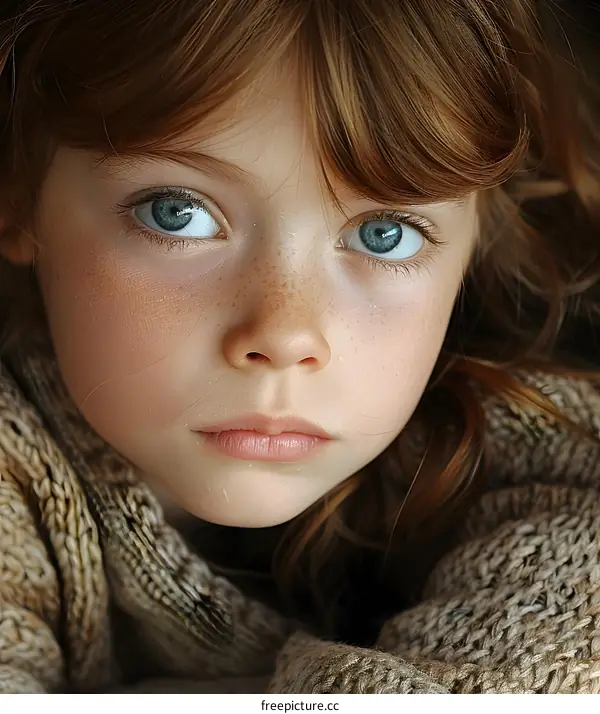 Portrait of a redheaded girl with freckles and blue eyes