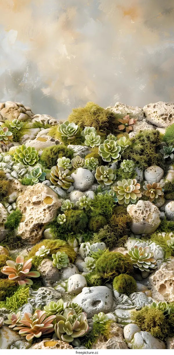 Succulent Plants with Moss and Stones in Garden Setting
