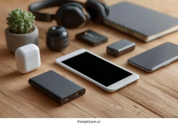 Assorted Modern Tech Accessories on Wooden Surface