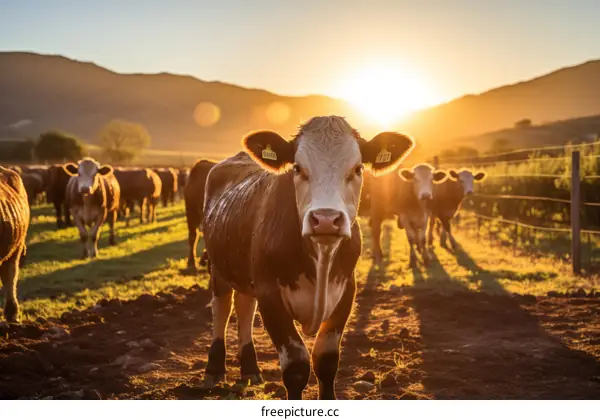 Cows grazing on a lush green field with the sun setting in the distance