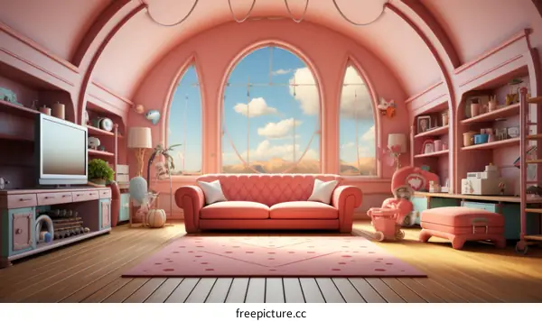 Cozy pink living room with large windows