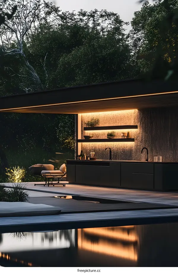 Modern Outdoor Kitchen and Pool Design with Minimalist Architecture