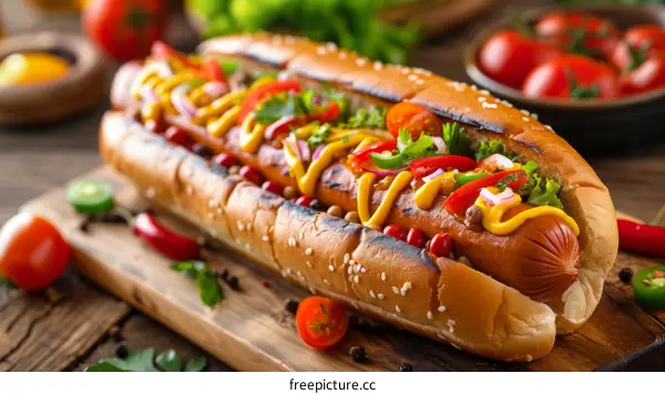 Hotdog with mustard, ketchup, relish, tomatoes, and onions