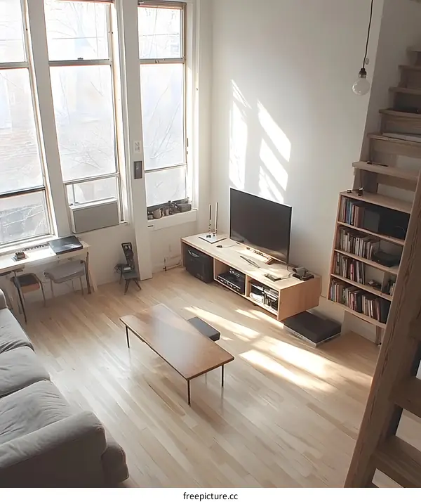 Modern Living Room Interior Design with Large Windows and Wooden Flooring