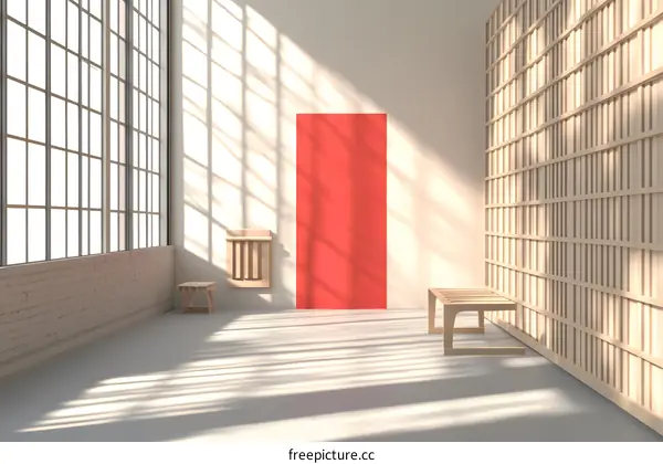 Minimalist Interior Design with Red Wall and Wooden Lattice