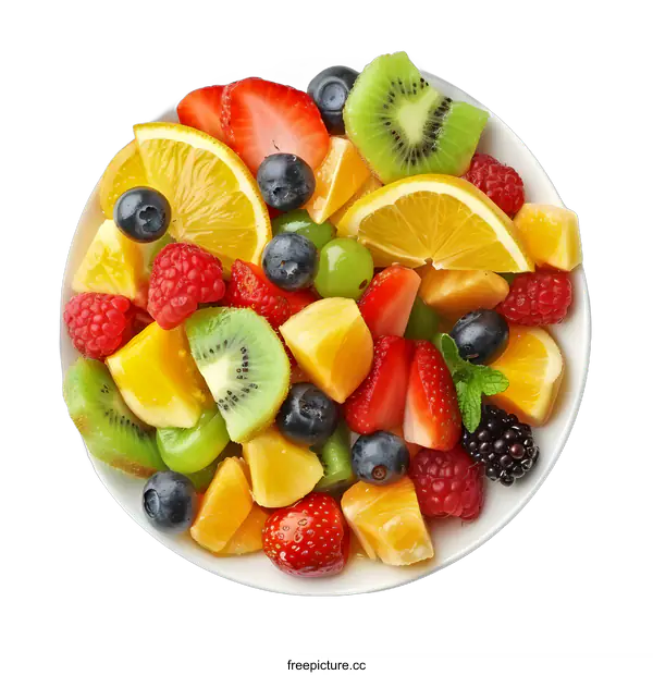 [Transparent Background PNG]A bowl of fresh and colorful fruit salad with orange slices, strawberries, blueberries, raspberries, kiwi, and blackberries