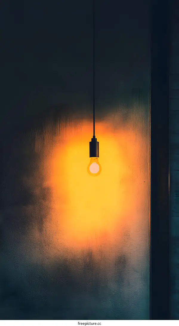 Single Light Bulb Hanging on a Wall with a Yellow Glow