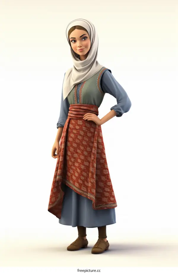 A young woman wearing a hijab and a long dress is standing with her hand on her hip.