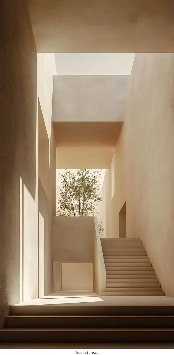 Minimalist Interior Design with Stairs and a Courtyard