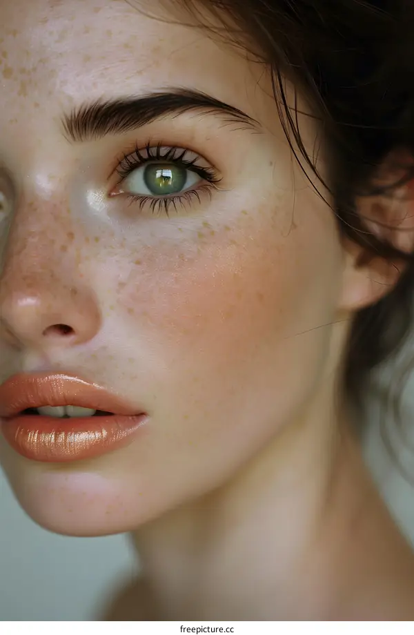 Close-up portrait of a beautiful young woman with freckles and green eyes