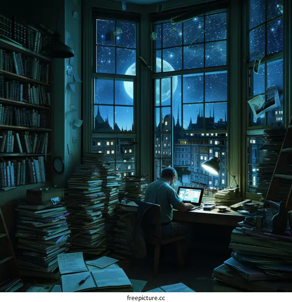 A researcher works late into the night in a room full of books.