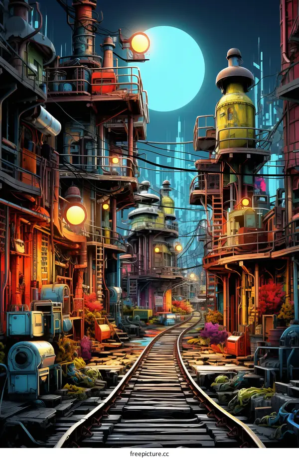 A cyberpunk city with a train track running through it
