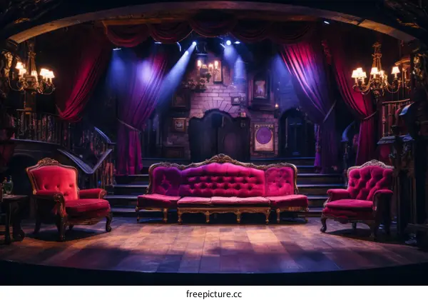 Red velvet chairs and sofa on a theatre stage